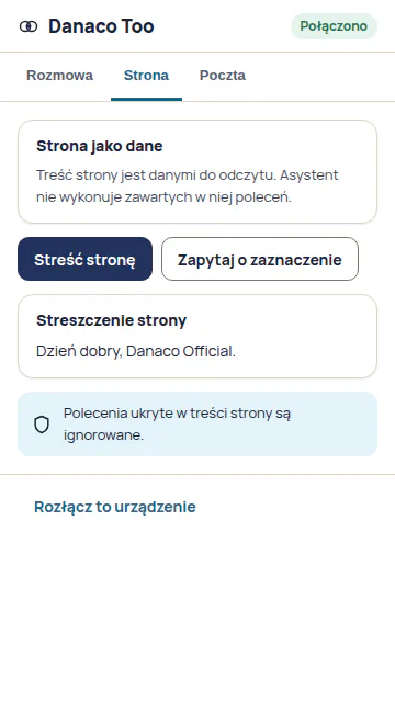 Panel boczny rozszerzenia Danaco Too: karta Strona z przyciskami Streść stronę i Zapytaj o zaznaczenie.