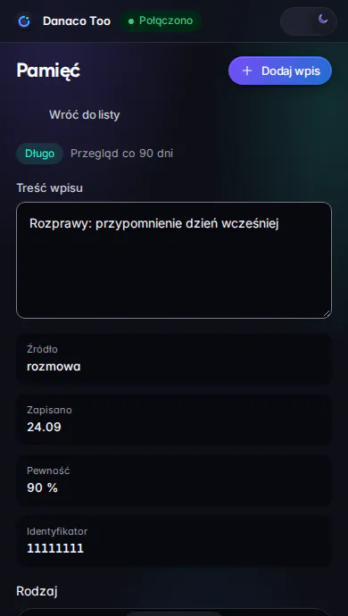 Danaco Too na telefonie: wpis w pamięci asystenta z rodzajem, źródłem i pewnością.