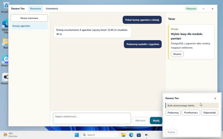 Danaco Too w Windows: okno rozmowy z panelem Teraz i wysunięty z krawędzi ekranu panel z przyciskami Podsumuj, Przetłumacz, Odpowiedz.